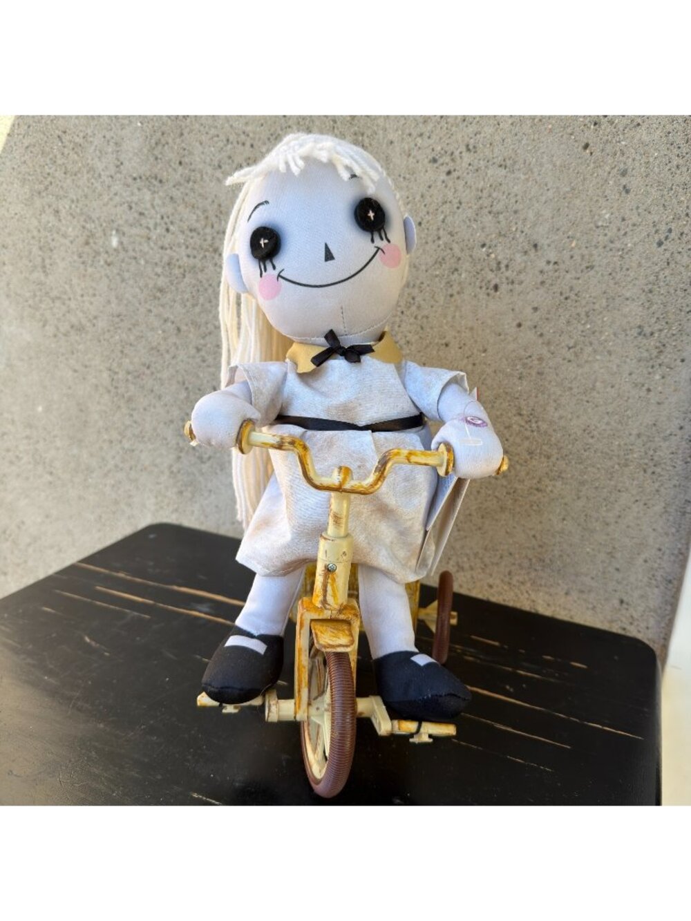 NEW Halloween Gemmy Animated Creepy Rag Doll On Tricycle Lights Up Moves Giggles